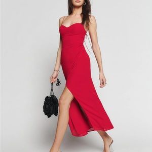 Deep Red Reformation slip dress with high slit and adjustable spaghetti straps